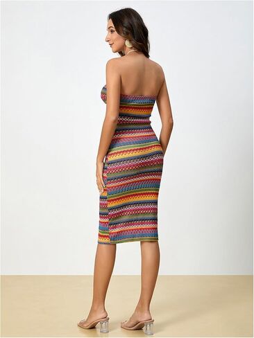 MakeMeChic Women's Twist Strapless Bandeau Tube Dress Geo Striped Sleeveless Long Bodycon Sundress in Saudi Arabia