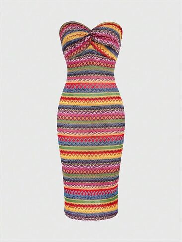 MakeMeChic Women's Twist Strapless Bandeau Tube Dress Geo Striped Sleeveless Long Bodycon Sundress in Saudi Arabia