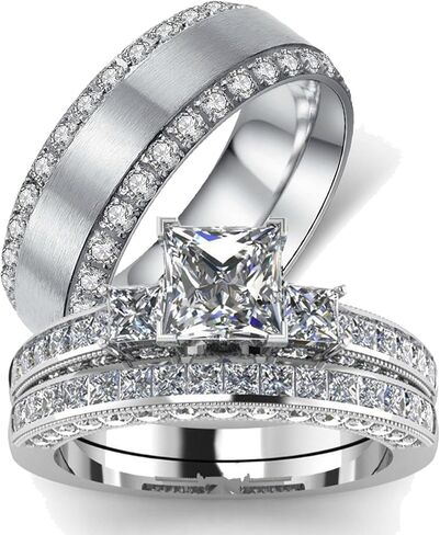 Two Rings His Hers Wedding Ring Sets Couples Matching Rings Women's 2pc Yellow Gold Plated Square CZ Wedding Engagement Ring Bridal Sets & Men's Titanium Wedding Band in Saudi Arabia