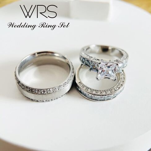 Two Rings His Hers Wedding Ring Sets Couples Matching Rings Women's 2pc Yellow Gold Plated Square CZ Wedding Engagement Ring Bridal Sets & Men's Titanium Wedding Band in Saudi Arabia