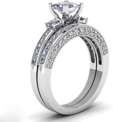 Two Rings His Hers Wedding Ring Sets Couples Matching Rings Women's 2pc Yellow Gold Plated Square CZ Wedding Engagement Ring Bridal Sets & Men's Titanium Wedding Band in Saudi Arabia