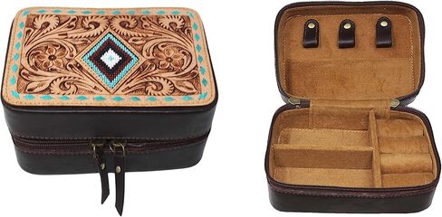 CHALLENGER Women's Western Diamond Beaded Floral Tooled Leather Jewelry Travel Case 18RSJ09 in Saudi Arabia