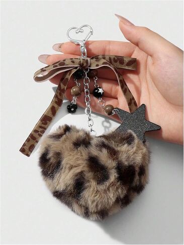 MakeMeChic Women's Cheetah Print Faux Fur Keychain Fuzzy Heart Star Y2K Key Chain Handbags Charms in Saudi Arabia