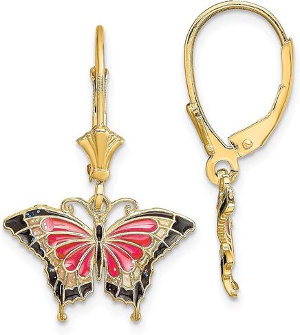 Butterfly Stained Glass Dangle Leverback Earrings in Real 14k Yellow Gold in Saudi Arabia