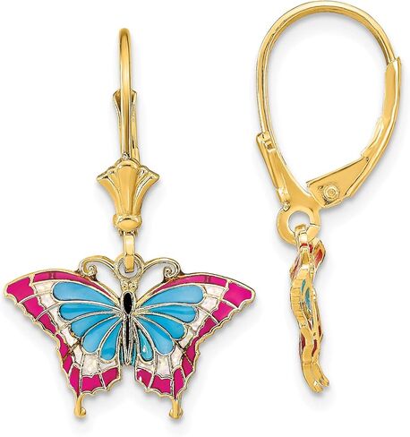 Butterfly Stained Glass Dangle Leverback Earrings in Real 14k Yellow Gold in Saudi Arabia
