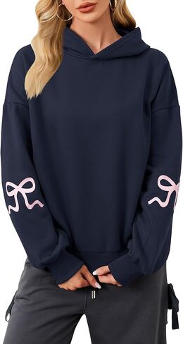 OOYDNZQL Women Teen Girls Graphic Oversized Hoodies Cute Embroidery Long Sleeve Hooded Sweatshirt Aesthetic Preppy Hoodies in Saudi Arabia