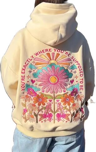 OOYDNZQL Women Teen Girls Graphic Oversized Hoodies Cute Embroidery Long Sleeve Hooded Sweatshirt Aesthetic Preppy Hoodies in Saudi Arabia