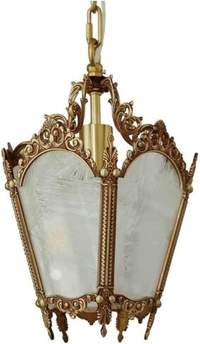 LNPTAL Vintage Brass Lantern Pendant Light, Rustic E27 Chain Hanging Chandelier, Ornate Foyer Ceiling Lamp with Frosted Glass Panels for Entryway, Hallway, Dining Room in Saudi Arabia