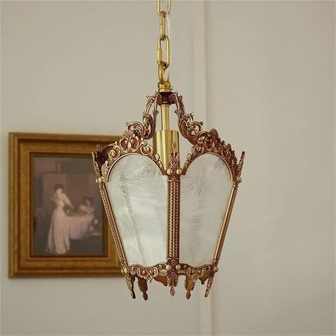 LNPTAL Vintage Brass Lantern Pendant Light, Rustic E27 Chain Hanging Chandelier, Ornate Foyer Ceiling Lamp with Frosted Glass Panels for Entryway, Hallway, Dining Room in Saudi Arabia