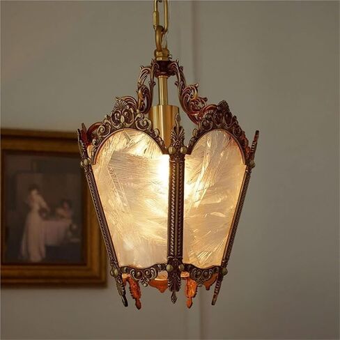 LNPTAL Vintage Brass Lantern Pendant Light, Rustic E27 Chain Hanging Chandelier, Ornate Foyer Ceiling Lamp with Frosted Glass Panels for Entryway, Hallway, Dining Room in Saudi Arabia