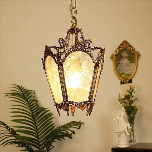 LNPTAL Vintage Brass Lantern Pendant Light, Rustic E27 Chain Hanging Chandelier, Ornate Foyer Ceiling Lamp with Frosted Glass Panels for Entryway, Hallway, Dining Room in Saudi Arabia