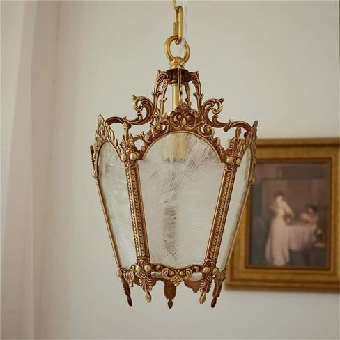 LNPTAL Vintage Brass Lantern Pendant Light, Rustic E27 Chain Hanging Chandelier, Ornate Foyer Ceiling Lamp with Frosted Glass Panels for Entryway, Hallway, Dining Room in Saudi Arabia