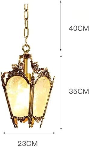 LNPTAL Vintage Brass Lantern Pendant Light, Rustic E27 Chain Hanging Chandelier, Ornate Foyer Ceiling Lamp with Frosted Glass Panels for Entryway, Hallway, Dining Room in Saudi Arabia