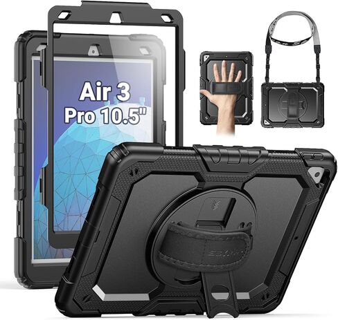 SEYMAC for iPad Air 3 Case 10.5'' for iPad Pro 10.5 Case, Heavy Duty Full-Body Shockproof Protective Case with Screen Protector, 360° Rotating Stand, Hand/Shoulder Strap for iPad Air 3rd Gen, Black in Kuwait