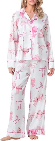 ROAONOCOMO Women Bow 2 Piece Pajama Set Long Sleeve Button Shirt Pants Cute Print Holiday Pj Silk Satin Lounge Outfit in Saudi Arabia