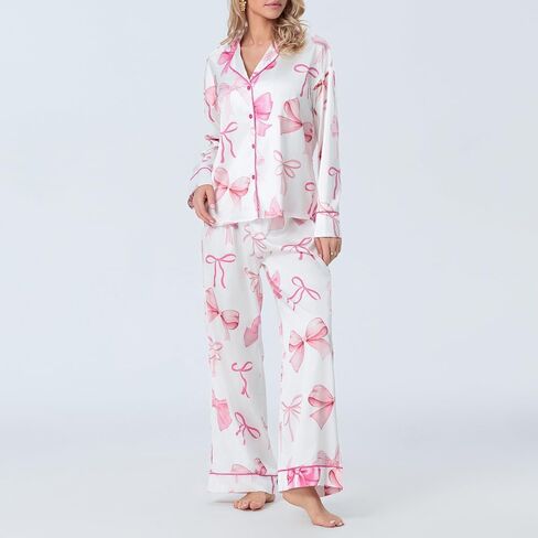 ROAONOCOMO Women Bow 2 Piece Pajama Set Long Sleeve Button Shirt Pants Cute Print Holiday Pj Silk Satin Lounge Outfit in Saudi Arabia