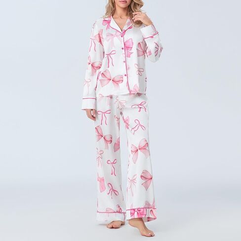 ROAONOCOMO Women Bow 2 Piece Pajama Set Long Sleeve Button Shirt Pants Cute Print Holiday Pj Silk Satin Lounge Outfit in Saudi Arabia