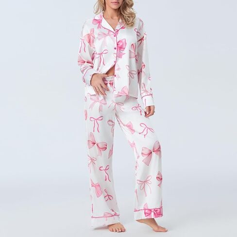 ROAONOCOMO Women Bow 2 Piece Pajama Set Long Sleeve Button Shirt Pants Cute Print Holiday Pj Silk Satin Lounge Outfit in Saudi Arabia
