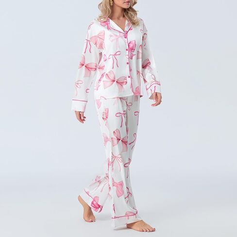 ROAONOCOMO Women Bow 2 Piece Pajama Set Long Sleeve Button Shirt Pants Cute Print Holiday Pj Silk Satin Lounge Outfit in Saudi Arabia