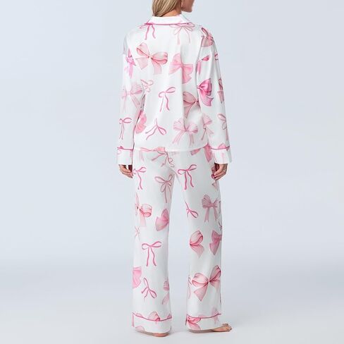 ROAONOCOMO Women Bow 2 Piece Pajama Set Long Sleeve Button Shirt Pants Cute Print Holiday Pj Silk Satin Lounge Outfit in Saudi Arabia