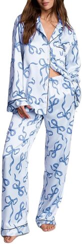 ROAONOCOMO Women Bow 2 Piece Pajama Set Long Sleeve Button Shirt Pants Cute Print Holiday Pj Silk Satin Lounge Outfit in Saudi Arabia