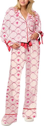 ROAONOCOMO Women Bow 2 Piece Pajama Set Long Sleeve Button Shirt Pants Cute Print Holiday Pj Silk Satin Lounge Outfit in Saudi Arabia