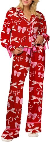 ROAONOCOMO Women Bow 2 Piece Pajama Set Long Sleeve Button Shirt Pants Cute Print Holiday Pj Silk Satin Lounge Outfit in Saudi Arabia
