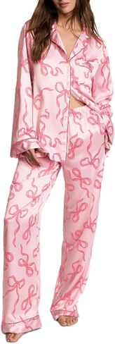ROAONOCOMO Women Bow 2 Piece Pajama Set Long Sleeve Button Shirt Pants Cute Print Holiday Pj Silk Satin Lounge Outfit in Saudi Arabia