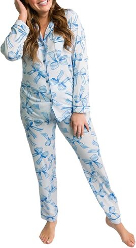 ROAONOCOMO Women Bow 2 Piece Pajama Set Long Sleeve Button Shirt Pants Cute Print Holiday Pj Silk Satin Lounge Outfit in Saudi Arabia