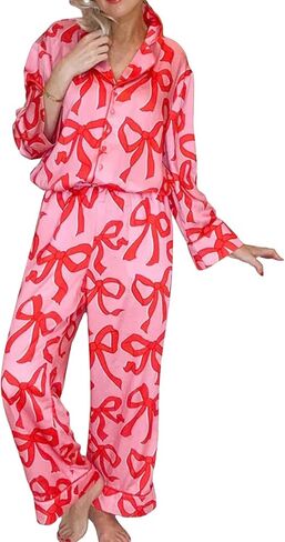 ROAONOCOMO Women Bow 2 Piece Pajama Set Long Sleeve Button Shirt Pants Cute Print Holiday Pj Silk Satin Lounge Outfit in Saudi Arabia