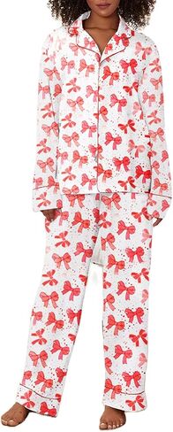 ROAONOCOMO Women Bow 2 Piece Pajama Set Long Sleeve Button Shirt Pants Cute Print Holiday Pj Silk Satin Lounge Outfit in Saudi Arabia