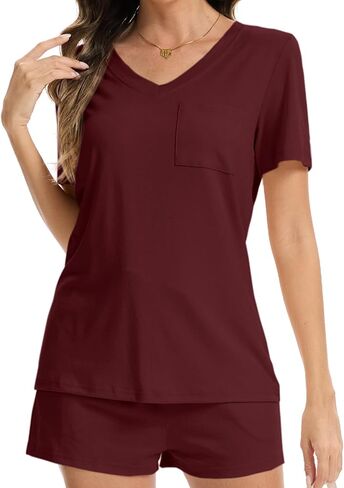 Qukayang Women's 2 Piece V Neck Pajamas Sets with Pockets Lightweight Lounge Casual Sleepwear Tshirt Shorts in Saudi Arabia