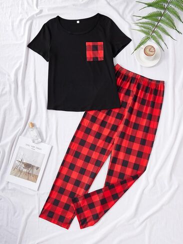 Women's Pajamas Set Black Red Plaid Print Short Sleeve Soft Breathable Sleepwear in Saudi Arabia