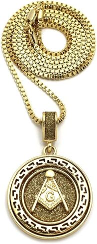 Gold Plated Glittered Freemason Masonic Pendant & 2mm 18" 20" 24" Box Brass Chain Hip Hop Necklace in Saudi Arabia