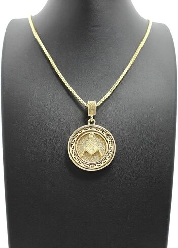Gold Plated Glittered Freemason Masonic Pendant & 2mm 18" 20" 24" Box Brass Chain Hip Hop Necklace in Saudi Arabia