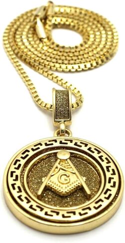 Gold Plated Glittered Freemason Masonic Pendant & 2mm 18" 20" 24" Box Brass Chain Hip Hop Necklace in Saudi Arabia