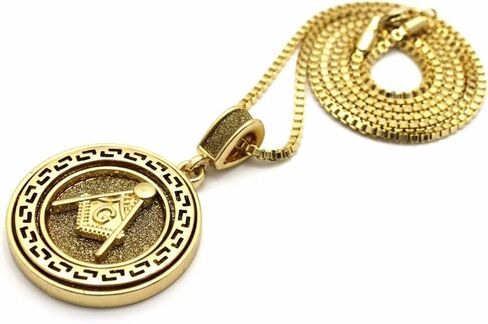 Gold Plated Glittered Freemason Masonic Pendant & 2mm 18" 20" 24" Box Brass Chain Hip Hop Necklace in Saudi Arabia