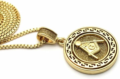 Gold Plated Glittered Freemason Masonic Pendant & 2mm 18" 20" 24" Box Brass Chain Hip Hop Necklace in Saudi Arabia