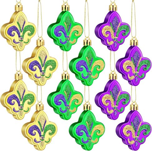 Yuntau 24 Pcs Mardi Gras Ornaments for Tree Mardi Gras Fleur De Lis Decor New Orleans Ornaments Gold Green Purple Plastic Hanging Decor or Holiday Tree Party Decorations in Saudi Arabia