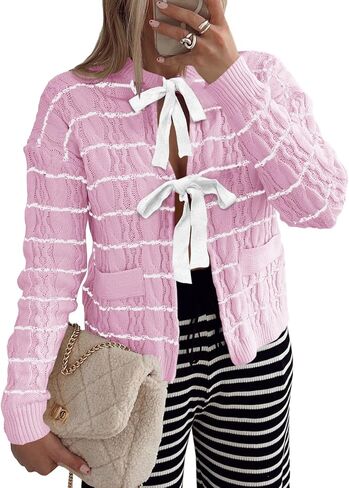 Womens Striped Tie Front Cardigan Sweaters Crew Neck Long Sleeve Cable Knit Bow Knot Trendy Sweater Tops in Saudi Arabia