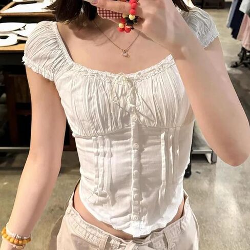Women Y2k Fairy Coquette Babydoll Shirt Short Sleeve Polka Dot Peplum Baby Tee Blouses Summer Going Out Crop Tops in Saudi Arabia