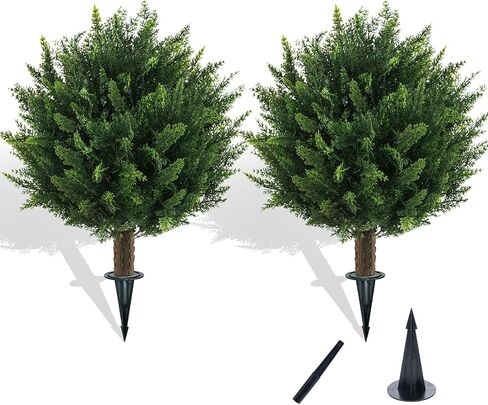 22" Artificial Boxwood Topiary Outdoor Plants with Spike, 2 Pack Faux Bushes UV Resistant Fake Shrubs for Front Porch Décor in Kuwait