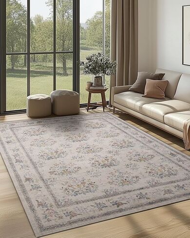 ARTWEAVER 8x10 Large Washable Non-Slip Area Rug for Living Room, Bedroom,Dining Room, Home Office-Vintage Farmhouse Floral Non-Shedding Distressed Foldable Thin Low Pile Area Rug (Dark Brown,8x10) in Saudi Arabia