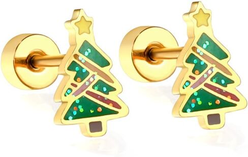 20G Glitter Christmas Tree Green Enamel Flat Screw Back Small Stud Earrings for Women Teens Gold-Plated Colorful Surgical Steel Cartilage Piercing Sleeper Studs Hypoallergenic for Sensitive Ears Festival Party Gift Her Daughter in Saudi Arabia