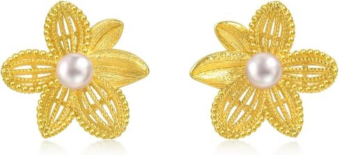 CHOW SANG SANG 999.9 24K Gold MINTYGREEN Dainty Gold Blossom Lily Pearl Stud Earrings for Women 95735E in Saudi Arabia