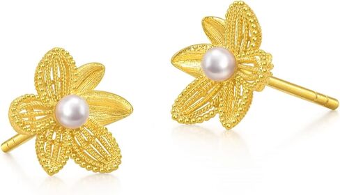 CHOW SANG SANG 999.9 24K Gold MINTYGREEN Dainty Gold Blossom Lily Pearl Stud Earrings for Women 95735E in Saudi Arabia