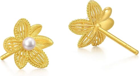 CHOW SANG SANG 999.9 24K Gold MINTYGREEN Dainty Gold Blossom Lily Pearl Stud Earrings for Women 95735E in Saudi Arabia