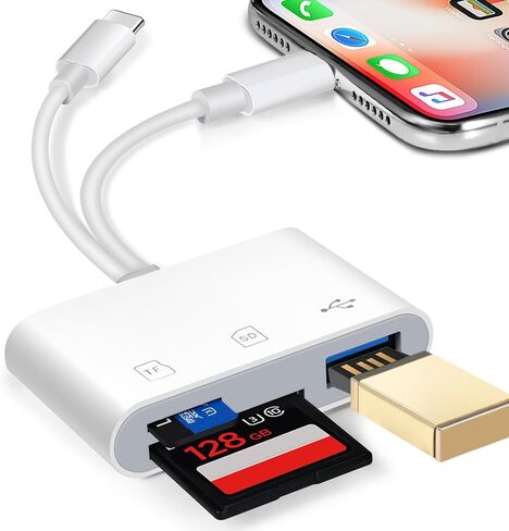SD Card Reader for iPhone Android iPad, Memory Card Reader with iOS & USB-C Connector, Card Adapter with SD/MicroSD/USB-A 3 Slots, Plug and Play, No App Required in Saudi Arabia