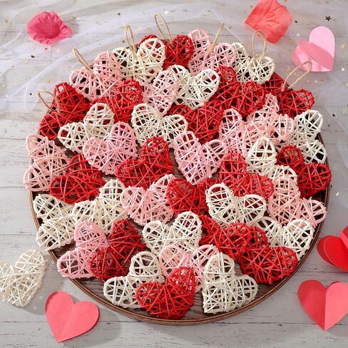 Vercraft 36 Pcs Valentine's Day Heart Ornaments Rattan Wicker Heart Ornaments 2.36 Inch Farmhouse Valentines Vase Bowl Fillers Valentines Decorations for Home Tree Table Craft(Pink Red White) in Saudi Arabia
