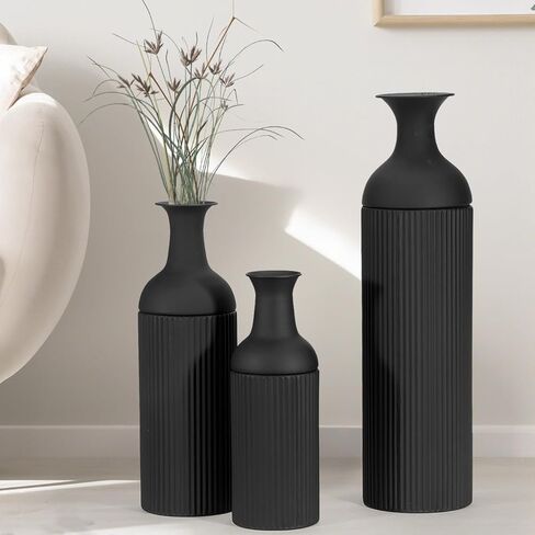 BANOMII Large Metal Floor Vases Set of 3, 27'' 20'' 16'', Black Tall Flower Vase for Pampas Grass, Decorative Big Vases for Hallway Corner, Floor Decor for Living Room in Saudi Arabia